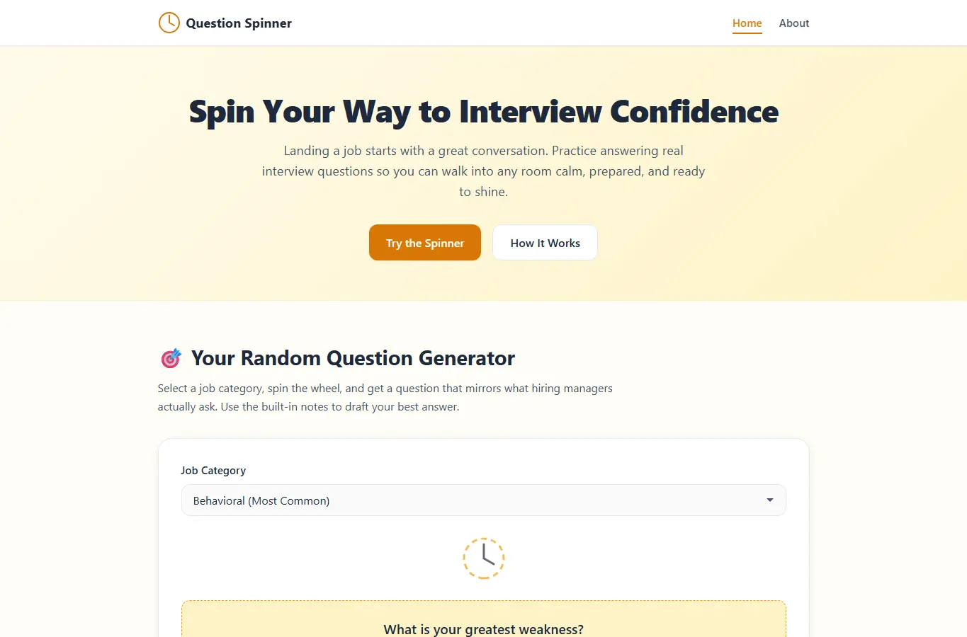 Screenshot of Interview Prep Question Spinner interface showing the project page in use